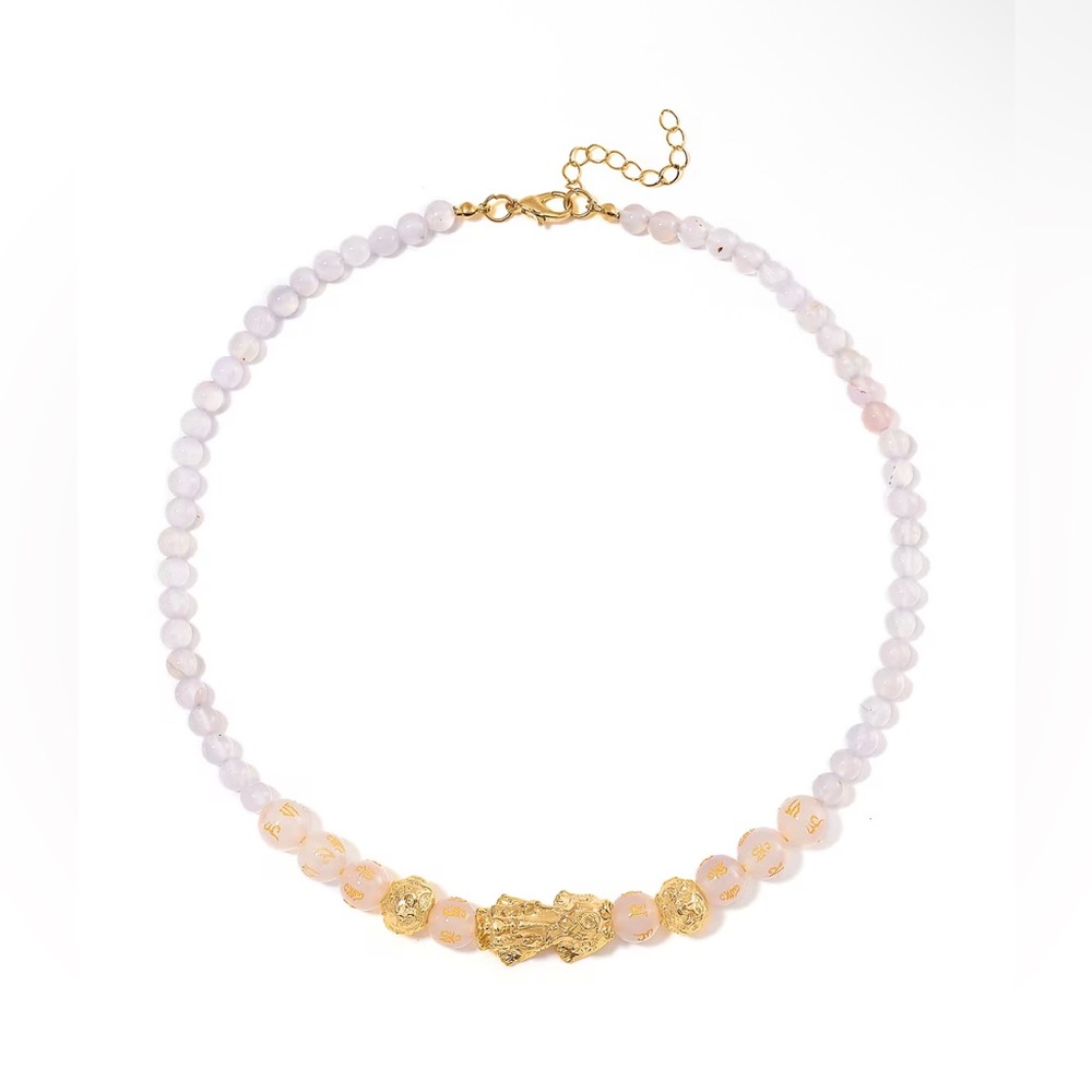 White Agate 9-11mm Engraved Feng Shui Beaded 185ctw Necklace 18-20” In Goldtone